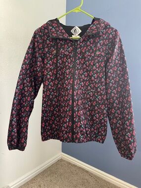 Vintage Volcom Black Hooded Floral Rain Jacket with Pink & Teal Floral Print